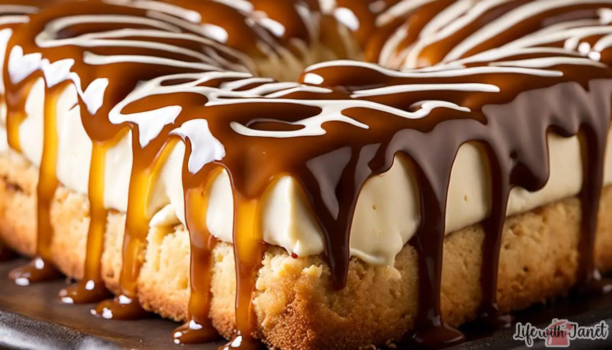 Delicious caramel cream cheese bread with a golden brown crust and a creamy caramel sauce drizzling on top.