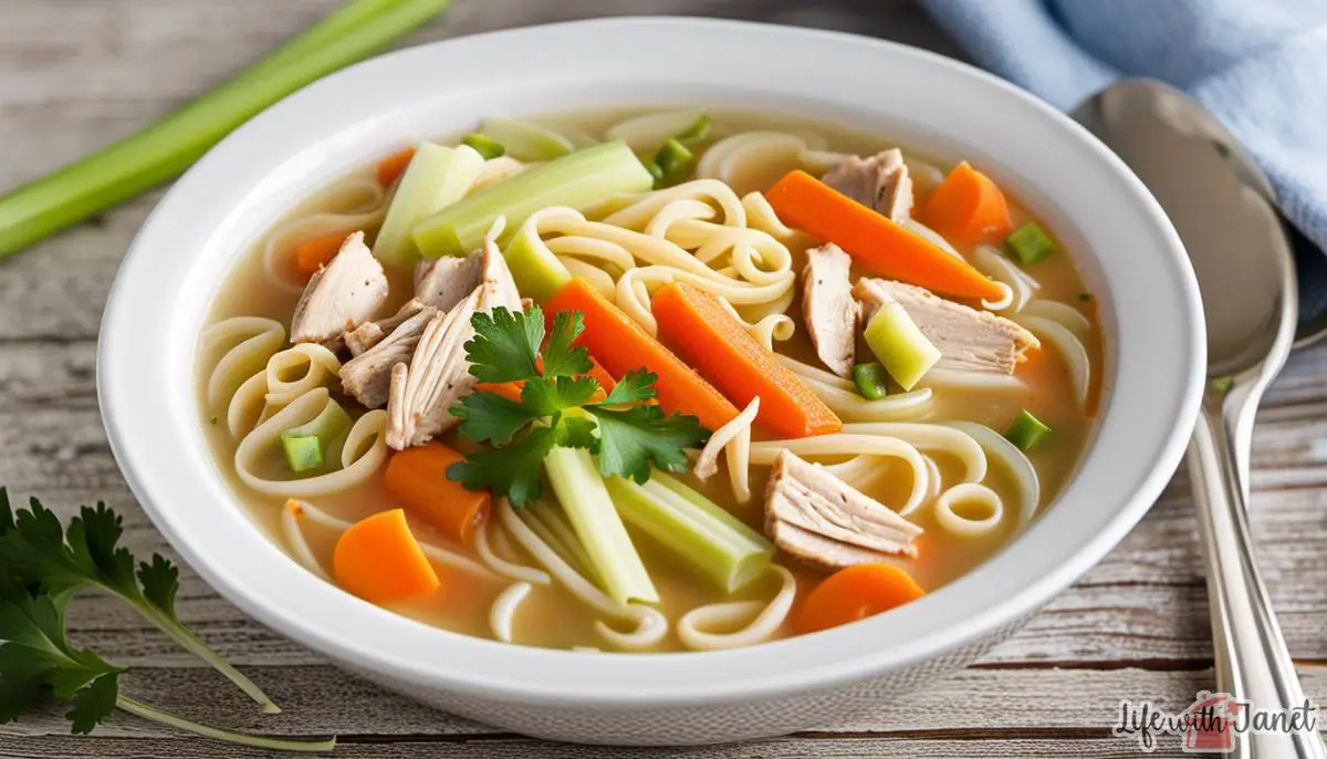 A steaming bowl of chicken noodle soup with slices of carrots and celery, representing a comforting and nutritious meal option.