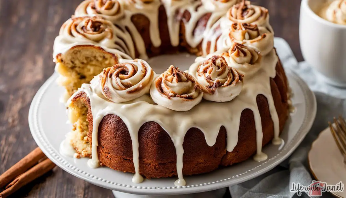 A delicious Cinnabon Cinnamon Roll Cake with cream cheese frosting