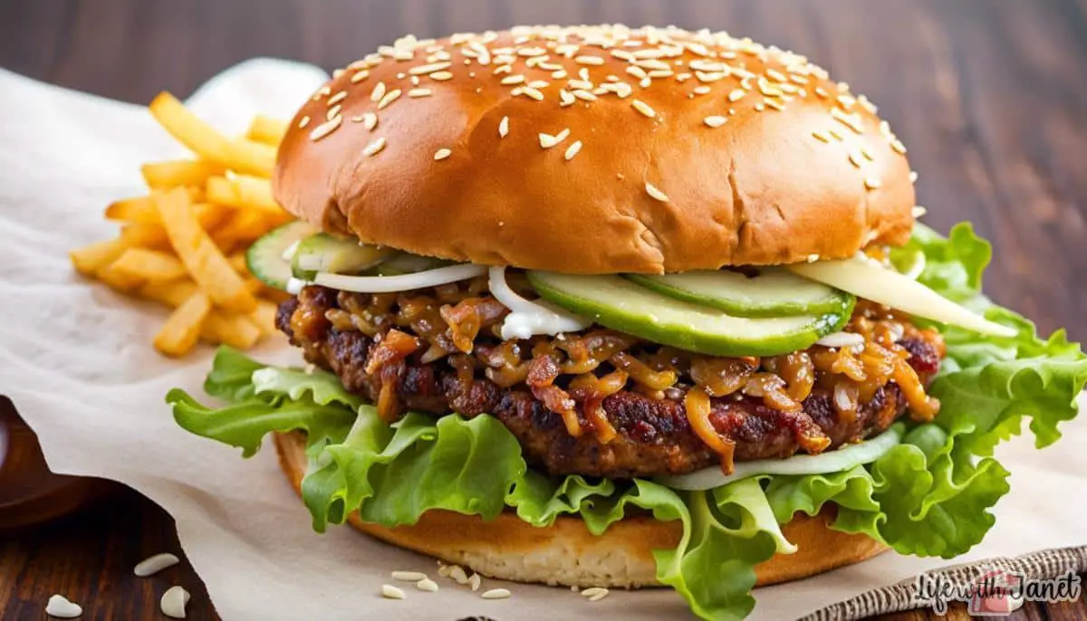 Photo of a delicious Oklahoma Fried Onion Burger with cheese, lettuce, and onions, served on a sesame seed bun.