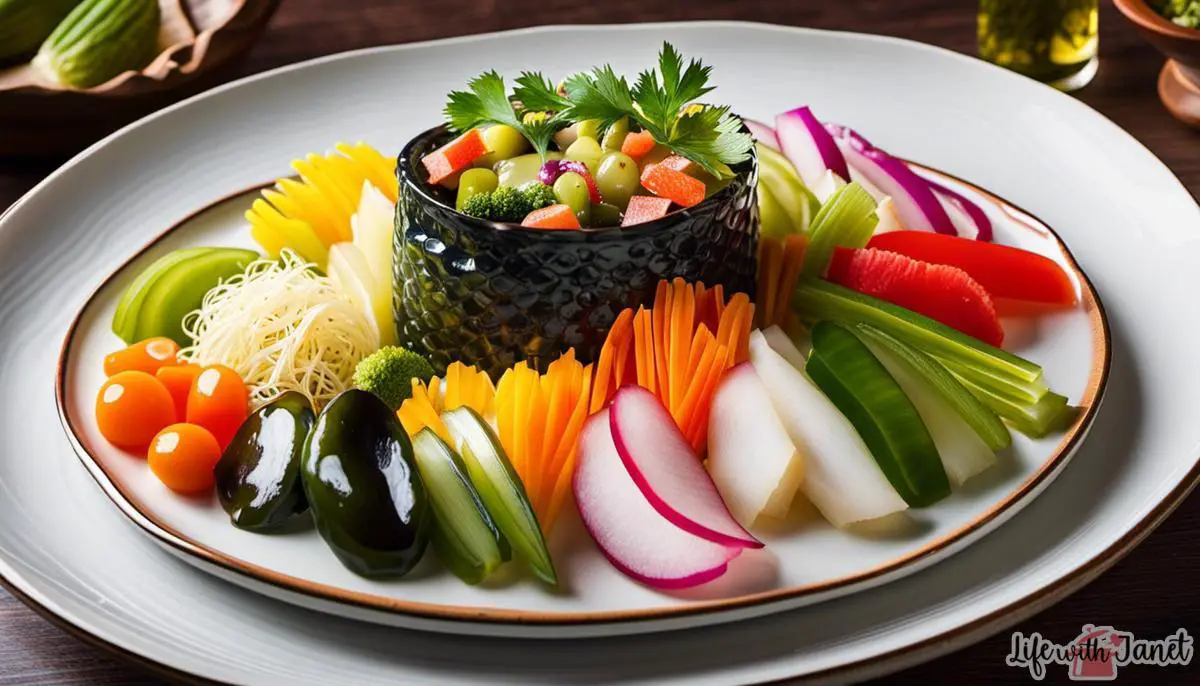 A traditional Japanese pickle dish with various colorful pickled vegetables arranged in a ceramic plate.