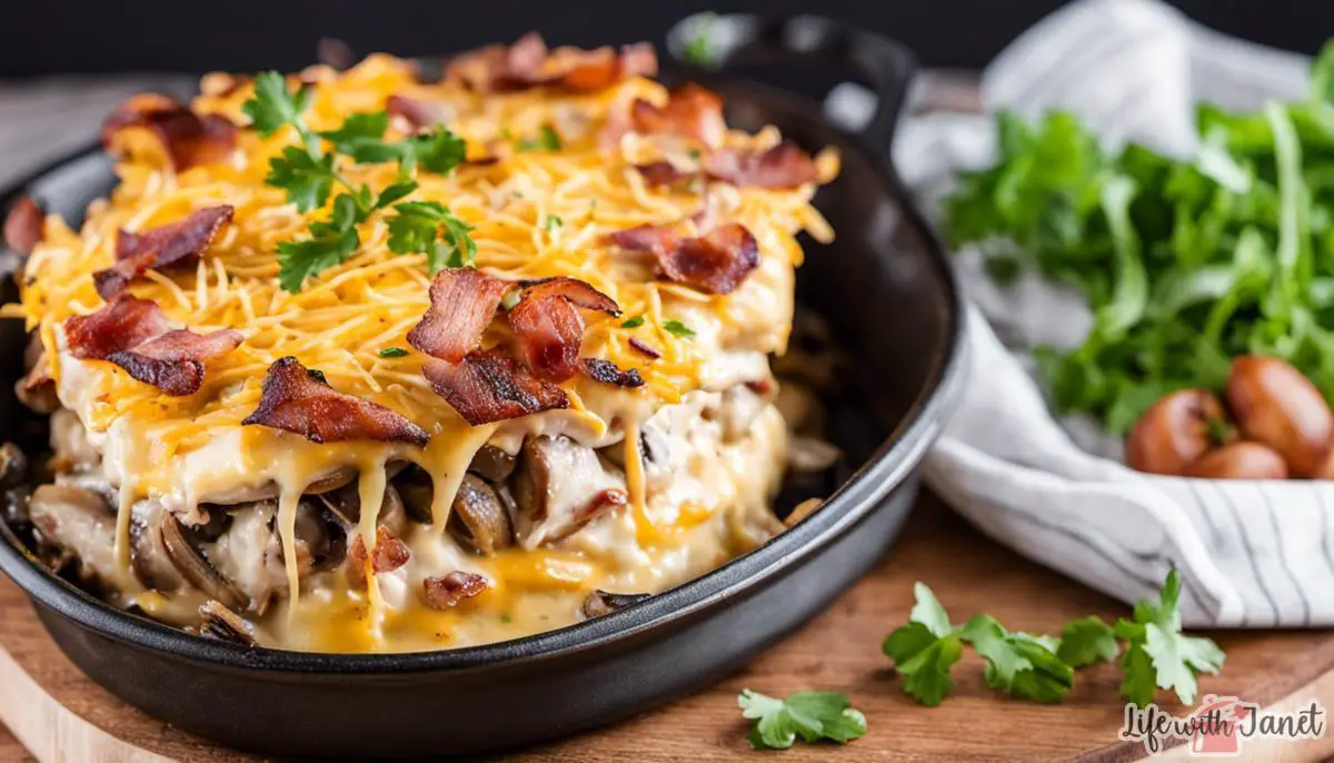 A delicious dish of Alice Springs Chicken with layered cheese, mushrooms, and bacon, baked to perfection.