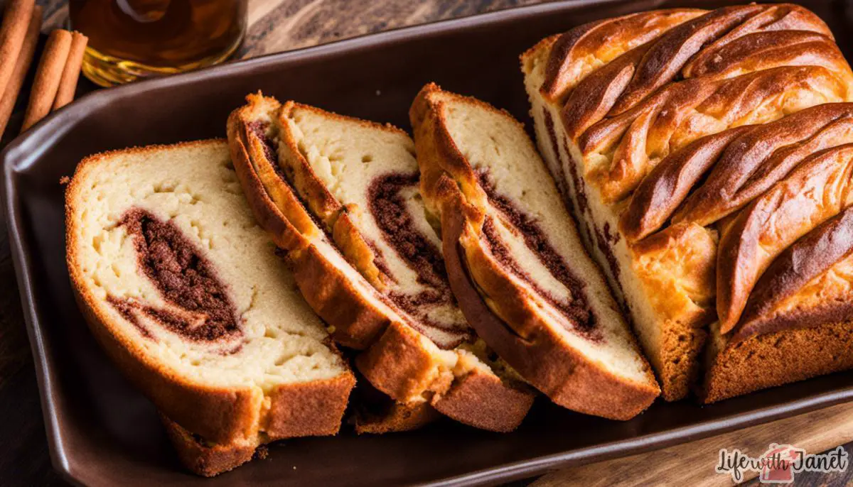 Image of freshly baked Amish Cinnamon Bread with a cinnamon swirl pattern on top