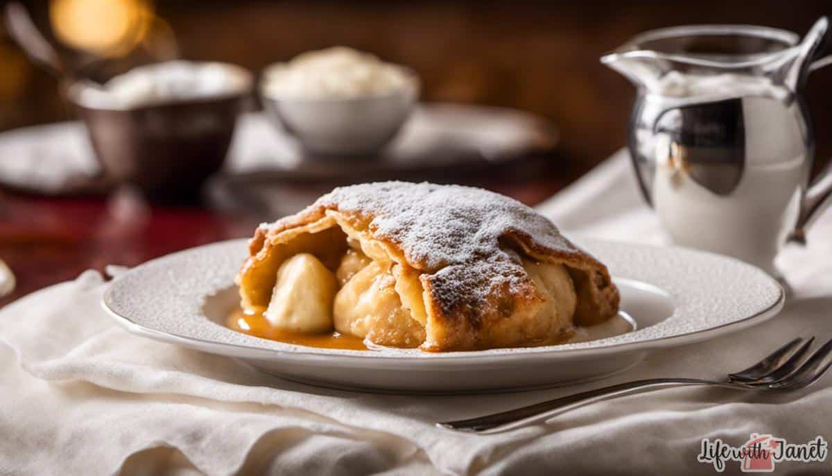 A delicious plate of Old Fashioned Apple Dumplings topped with powdered sugar and served with a dollop of vanilla ice cream