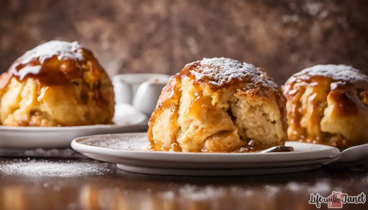 Deliciously baked apple dumplings with golden crust and sweet syrup poured on top.