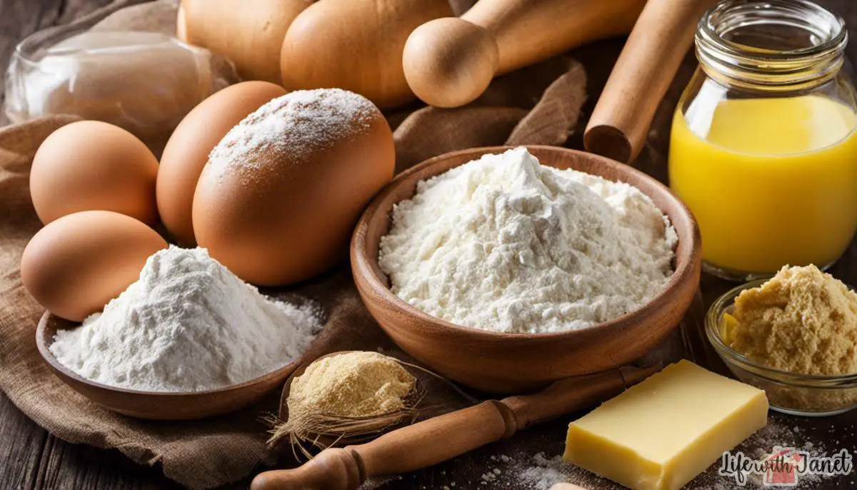 A closeup image of various baking ingredients, such as flour, sugar, eggs, and butter