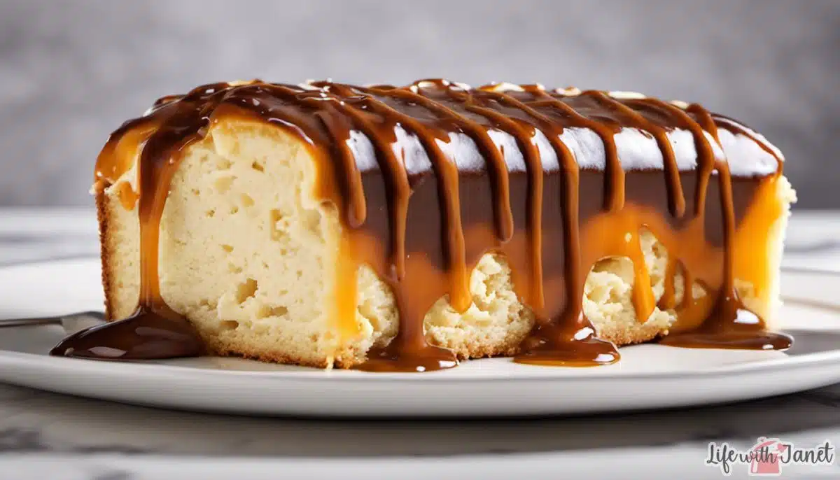 A close-up image of a slice of caramel cream cheese bread with a drizzle of caramel sauce on top.