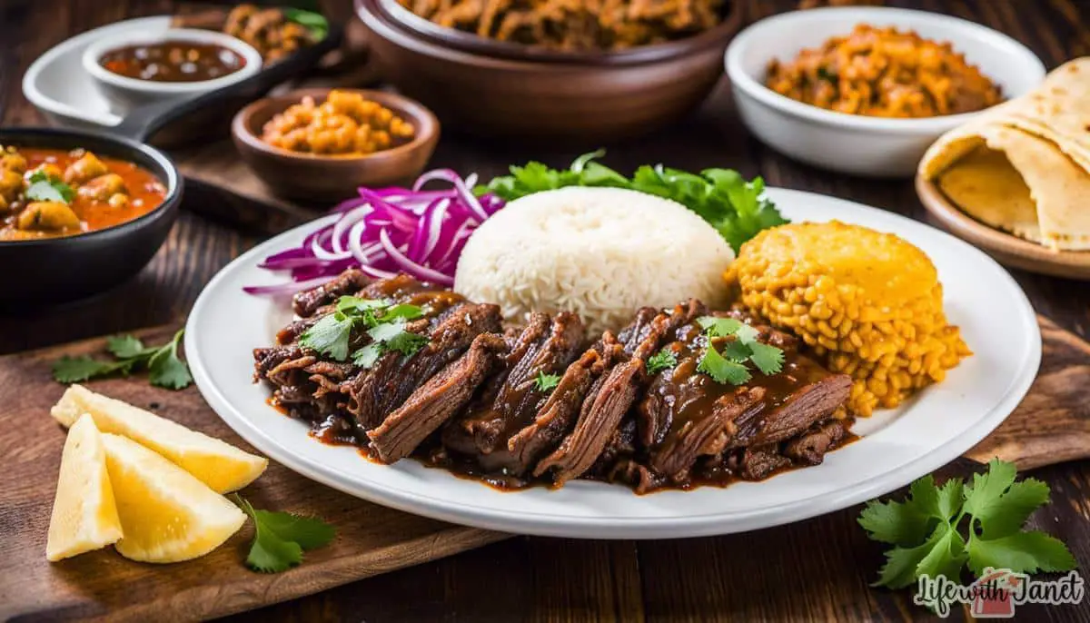 A delicious plate of Carne Mechada, a classic Latin American dish, showcasing tender shredded beef served with rice, arepas, and empanadas.