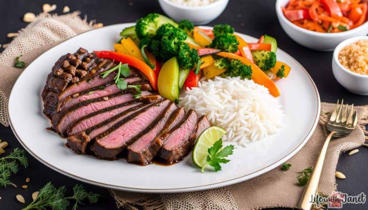 Plate of Carne Mechada garnished with vegetables and rice