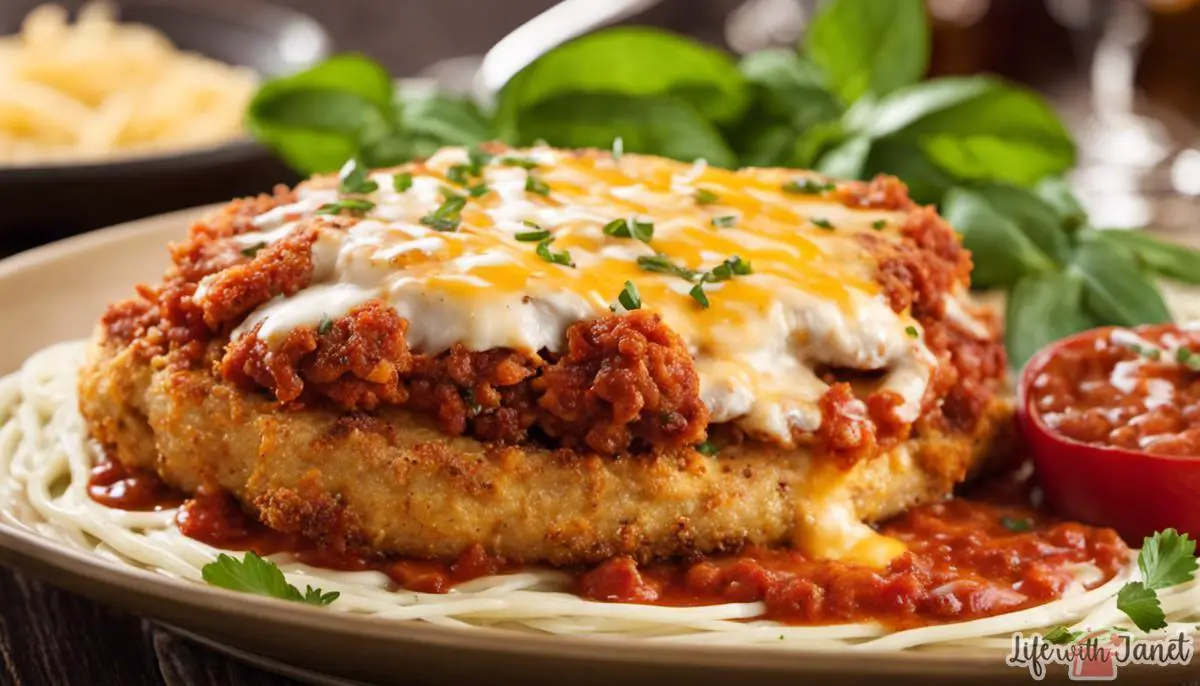 A mouth-watering image of chicken Parmesan, prepared with a golden-brown crispy crust, topped with melted cheese and served with marinara sauce and a sprinkle of fresh herbs.