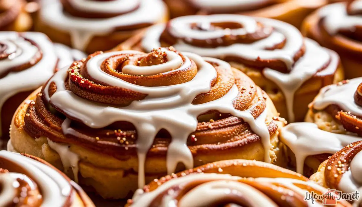 A close-up image of freshly baked cinnamon rolls, covered in icing and with a sprinkle of cinnamon on top.