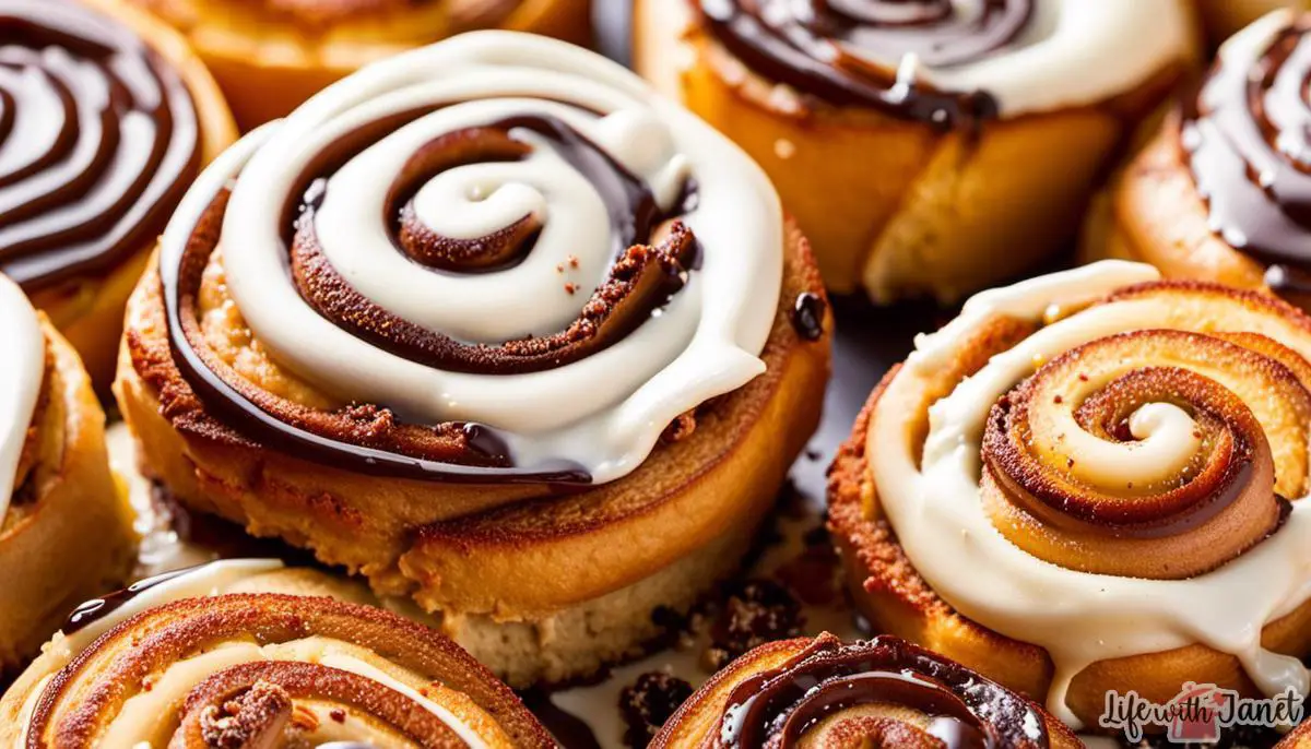 A close-up image of delicious cinnamon rolls with a twist, showcasing different flavors and toppings.