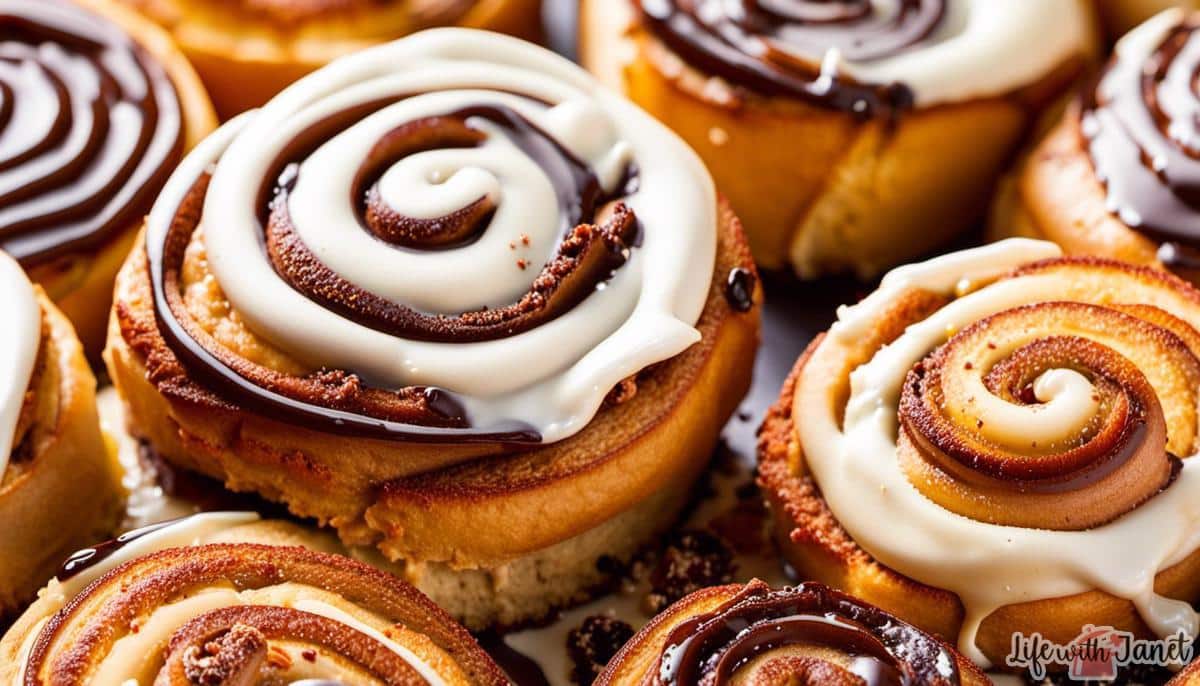 A close-up image of delicious cinnamon rolls with a twist, showcasing different flavors and toppings.