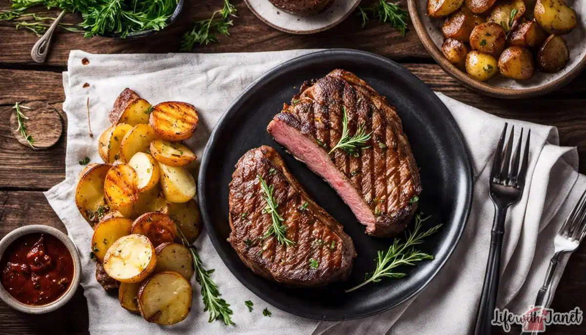 Image of grilled and oven-baked steak and potatoes cooked to perfection