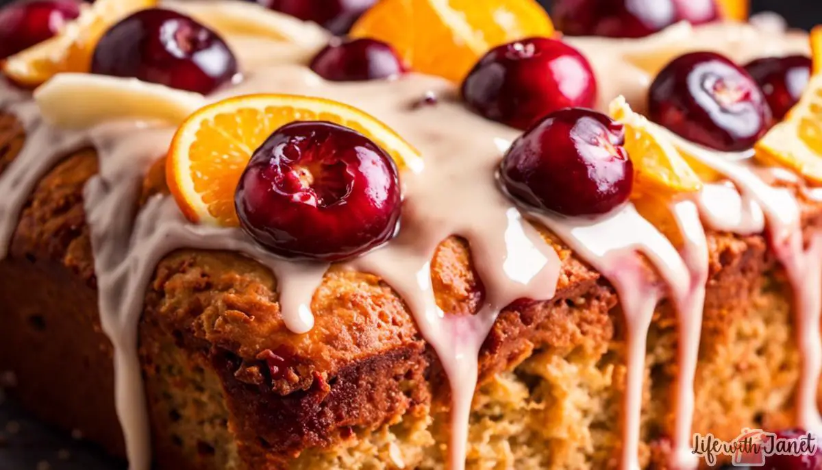 A close-up image of a freshly baked cranberry orange bread with a shiny glaze on top.