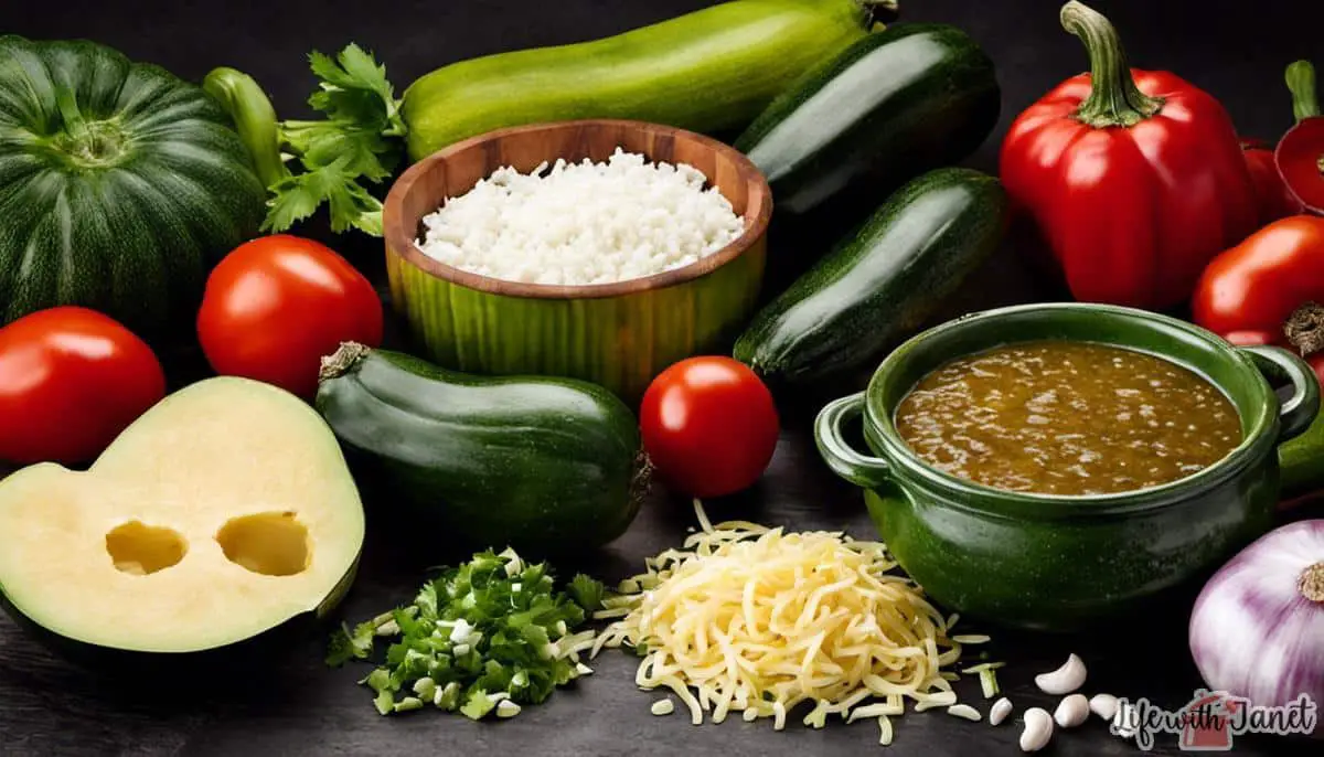 A picture of the ingredients needed for Calabacitas Con Carne Molida En Salsa Verde, including ground meat, Mexican squash, salsa verde, onion and garlic, queso fresco or Monterey Jack cheese, vegetable oil, salt, and pepper.