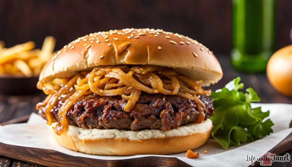 A mouthwatering image of an Oklahoma Fried Onion Burger, served with caramelized onions, a juicy beef patty, and a toasted bun.