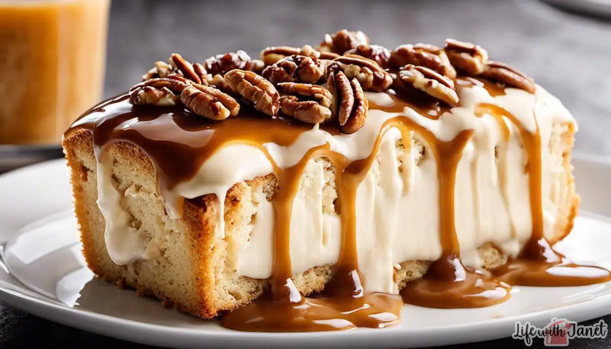 A close-up image of a caramel cream cheese bread loaf topped with drizzles of caramel sauce and cream cheese frosting, garnished with pecans and served on a white plate.