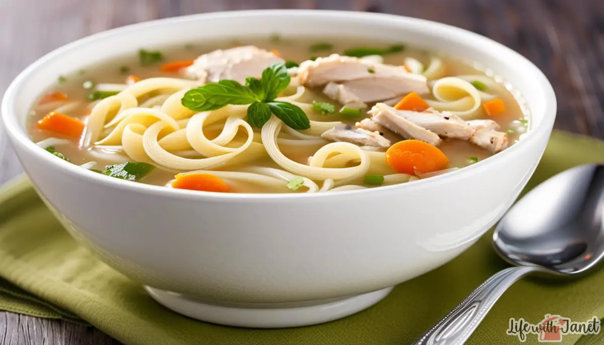 A bowl of chicken noodle soup with steam rising from it, representing the comforting and nourishing qualities of chicken noodle soup.