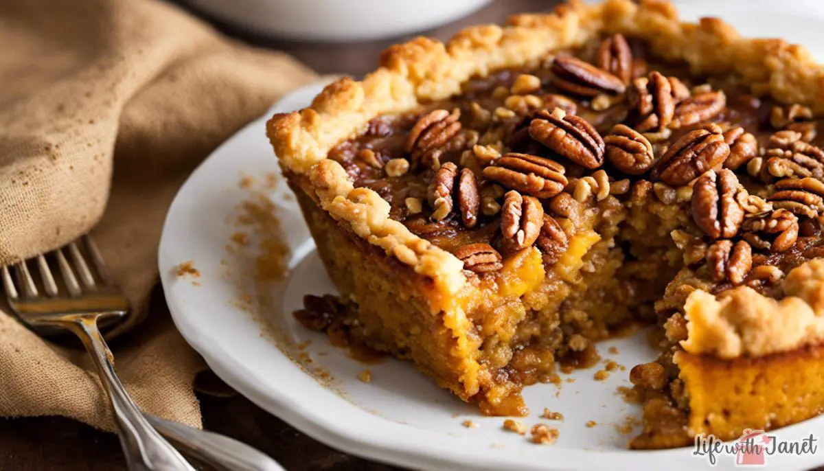 A delicious pecan-pumpkin cobbler with a golden brown crust topped with toasted pecans.