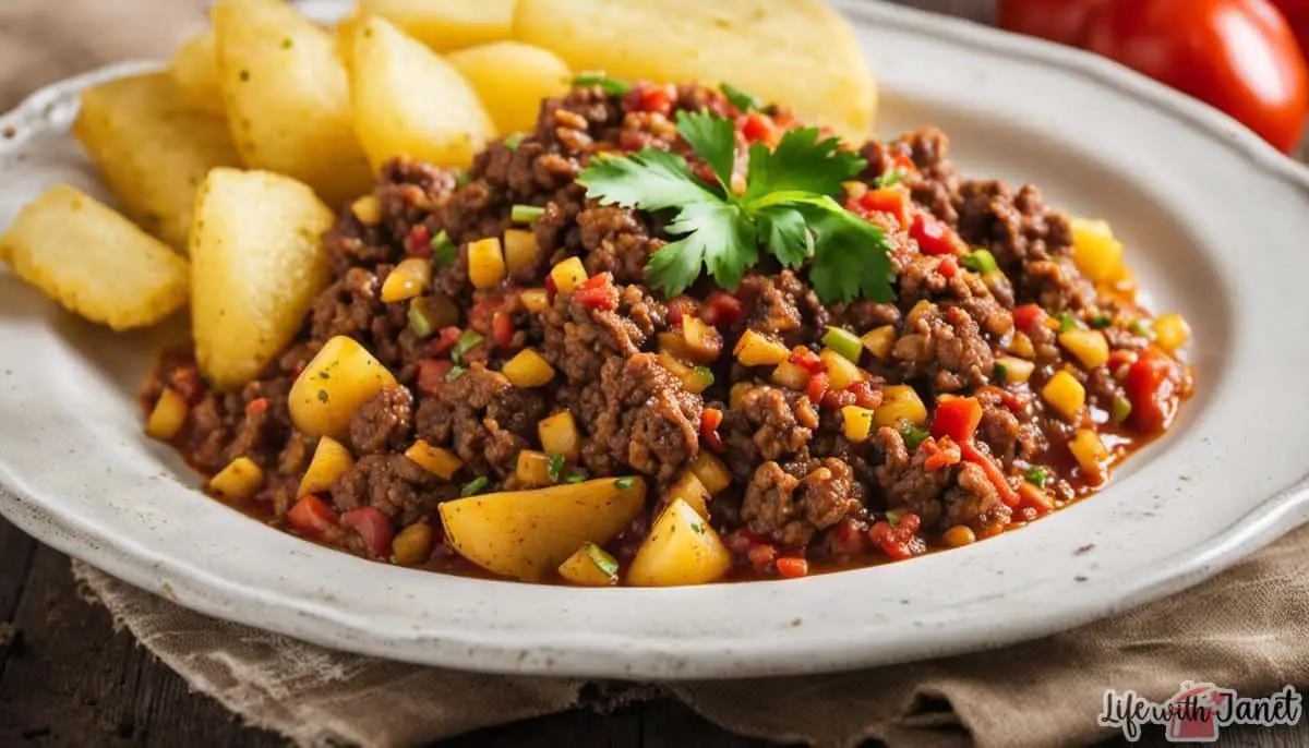A close-up image of a plate with a delicious and colorful serving of Picadillo, featuring ground beef, potatoes, and a flavorful tomato sauce.