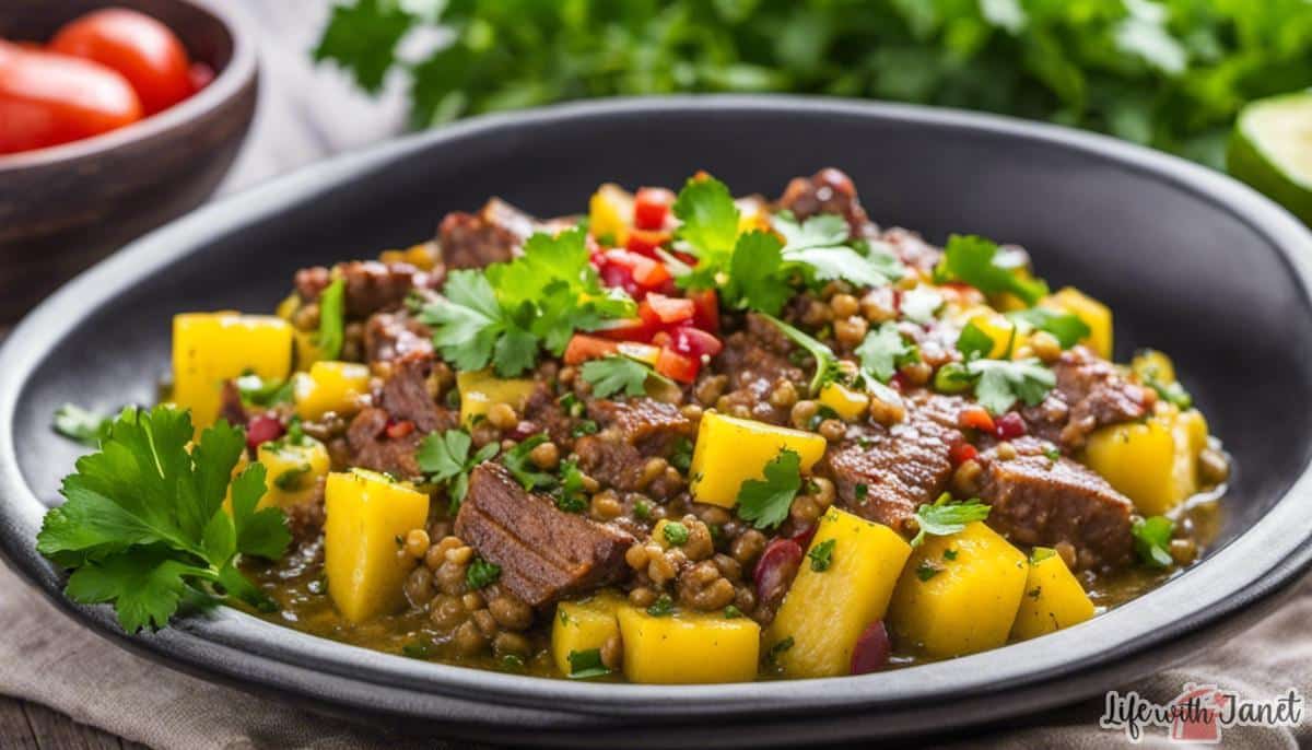 An image of a beautifully plated Calabacitas Con Carne Molida En Salsa Verde dish with colorful ingredients and garnished with cilantro leaves.