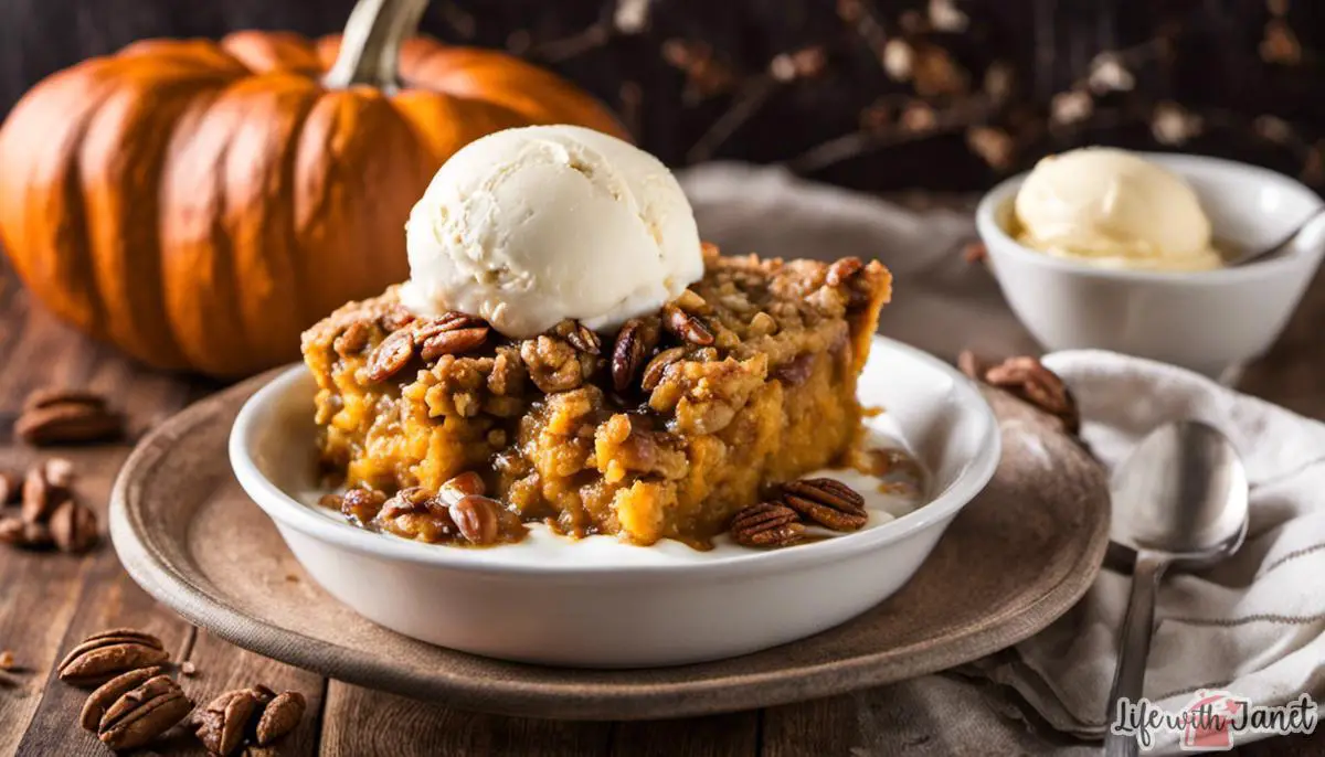A delicious pumpkin pecan cobbler topped with a scoop of vanilla ice cream.