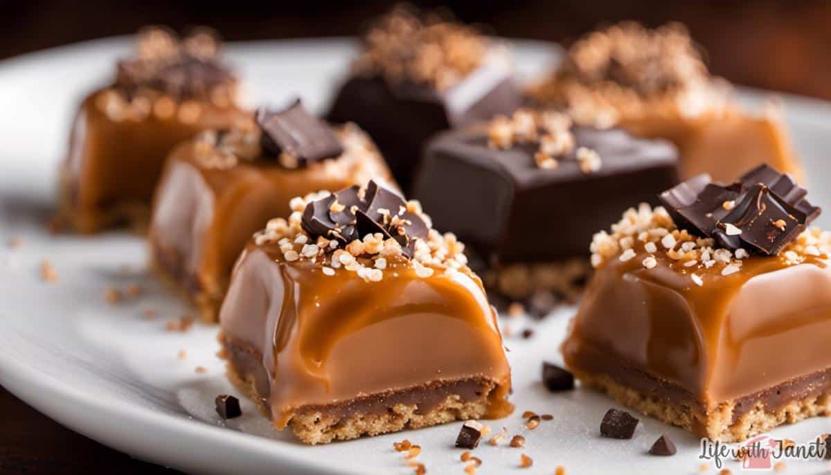 A delicious plate of salted caramel bites, topped with chocolate and sprinkled with rock salt.