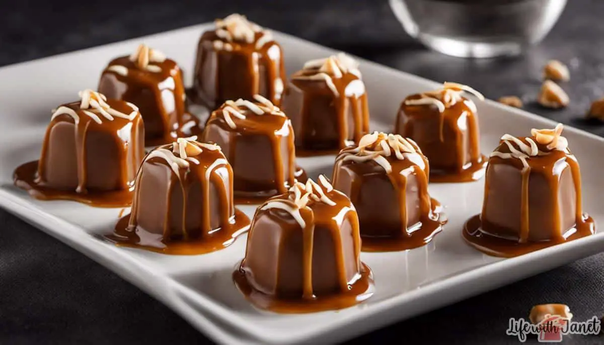 A close-up image of bite-sized salted caramel treats with a drizzle of caramel sauce.