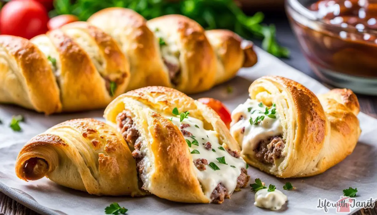 Homemade sausage cream cheese crescents with golden brown crust, filled with creamy and savory mixture