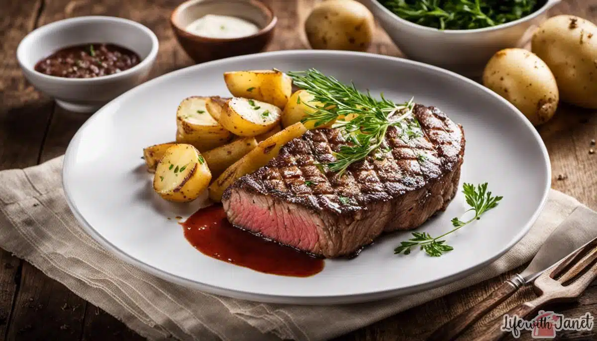 A delicious image of steak and potatoes, visually displaying the dish described in the text